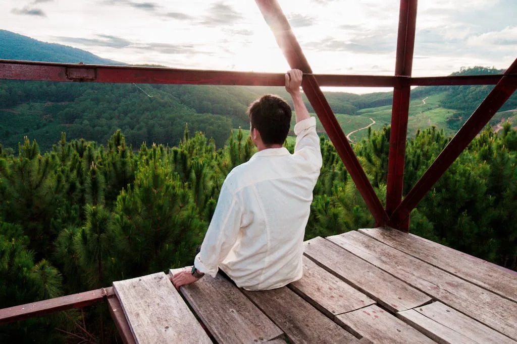 A person enjoys a peaceful moment overlooking a lush forest from a wooden vantage point.